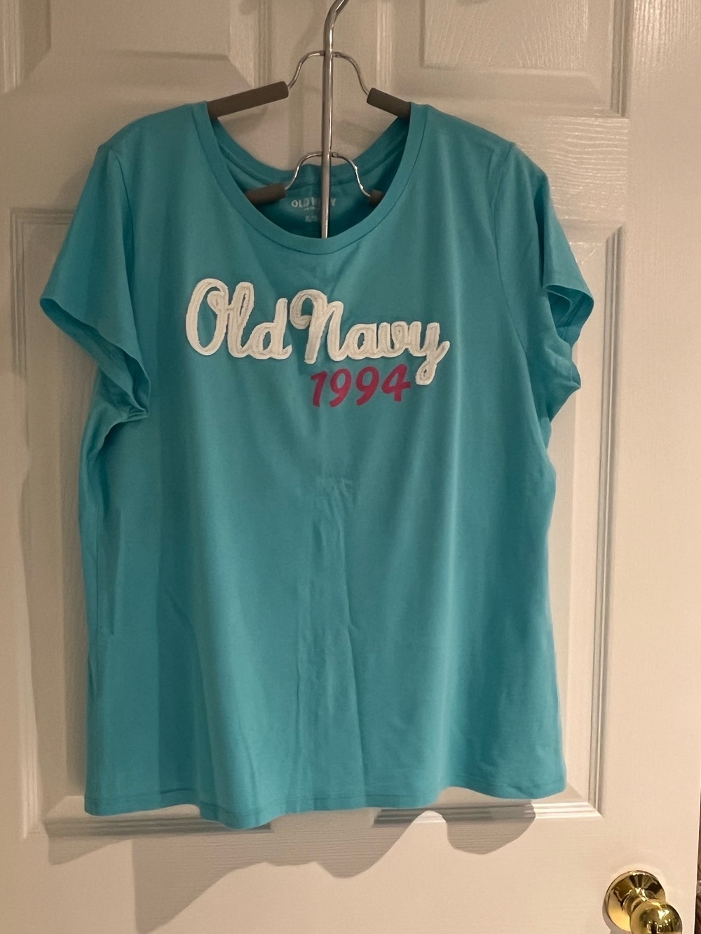 Old Navy Teal Short Sleeve Tee with White Script and Pink '1994'